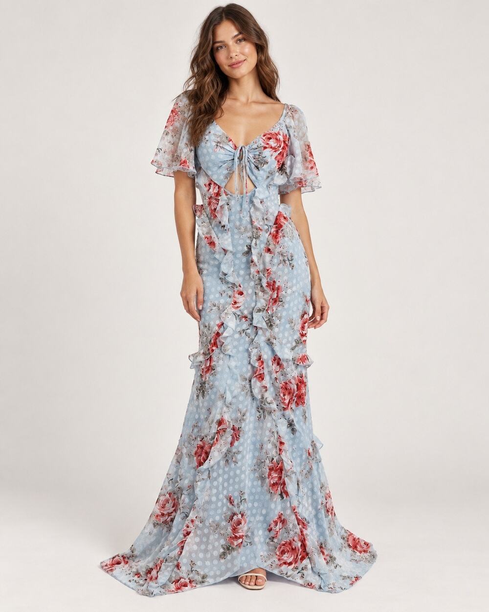 ASOS Blue Floral Ruffle Maxi Dress Cutout Sz 8 Fairy Coquette Garden Party